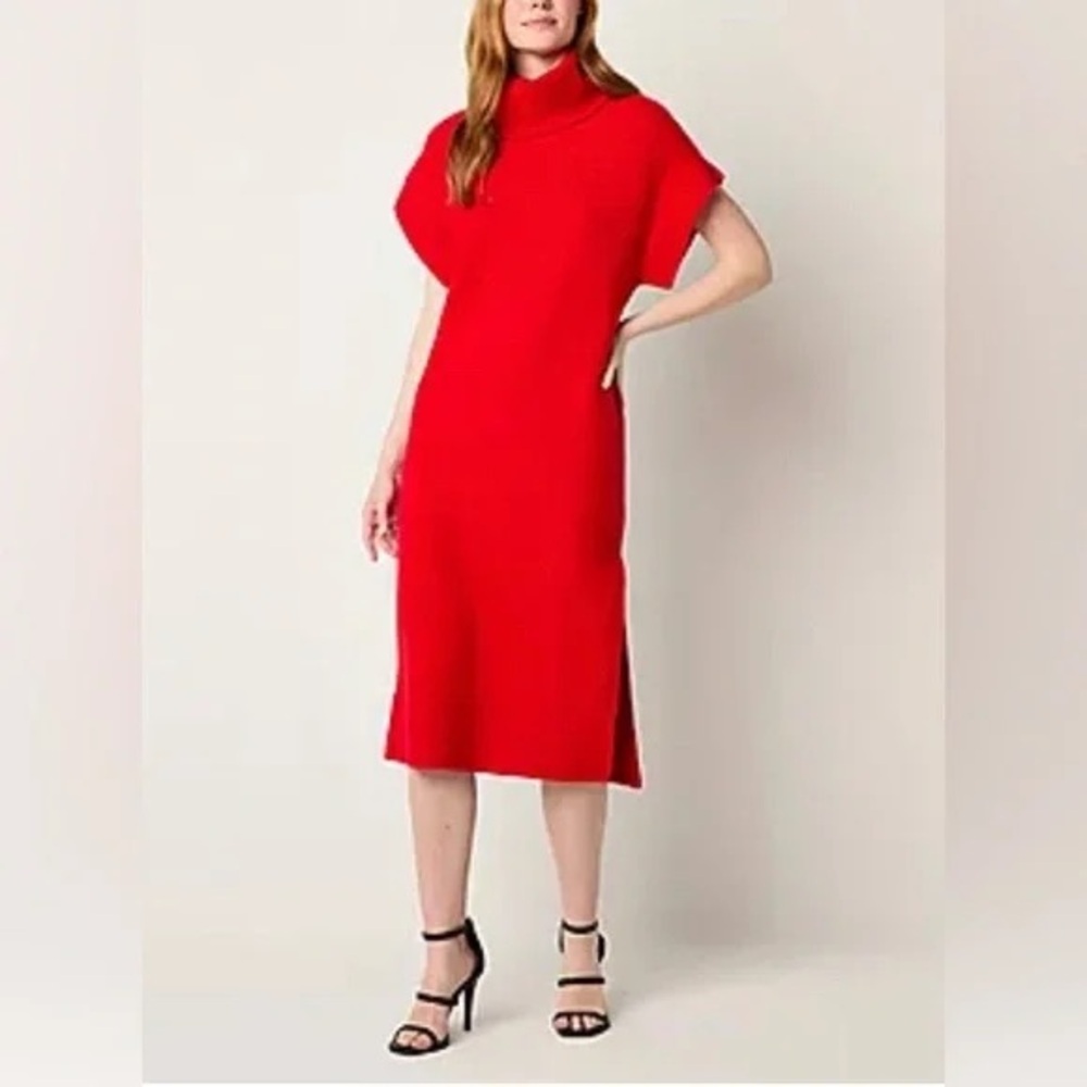 NEW‎ Worthington XS Red Short Sleeve Midi Wool Blend Sweater Dress